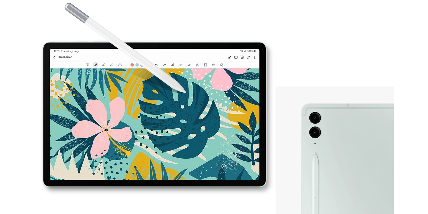 Перо S Pen Creator Edition направлено на экран Galaxy Tab S9 FE+ в мятном цвете с красочным изображением, открытом на экране в приложении Samsung Notes. Крупный план задней панели Galaxy Tab S9 FE+ в мятном цвете, демонстрирующий систему камер задней панели и прикрепленное перо S Pen, входящее в комплект поставки.