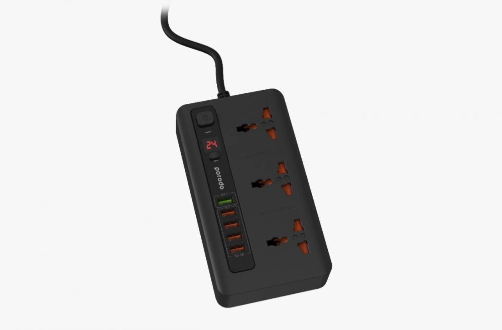 Удлинитель Porodo 5 (3 розетки, 5 USB) Black купить