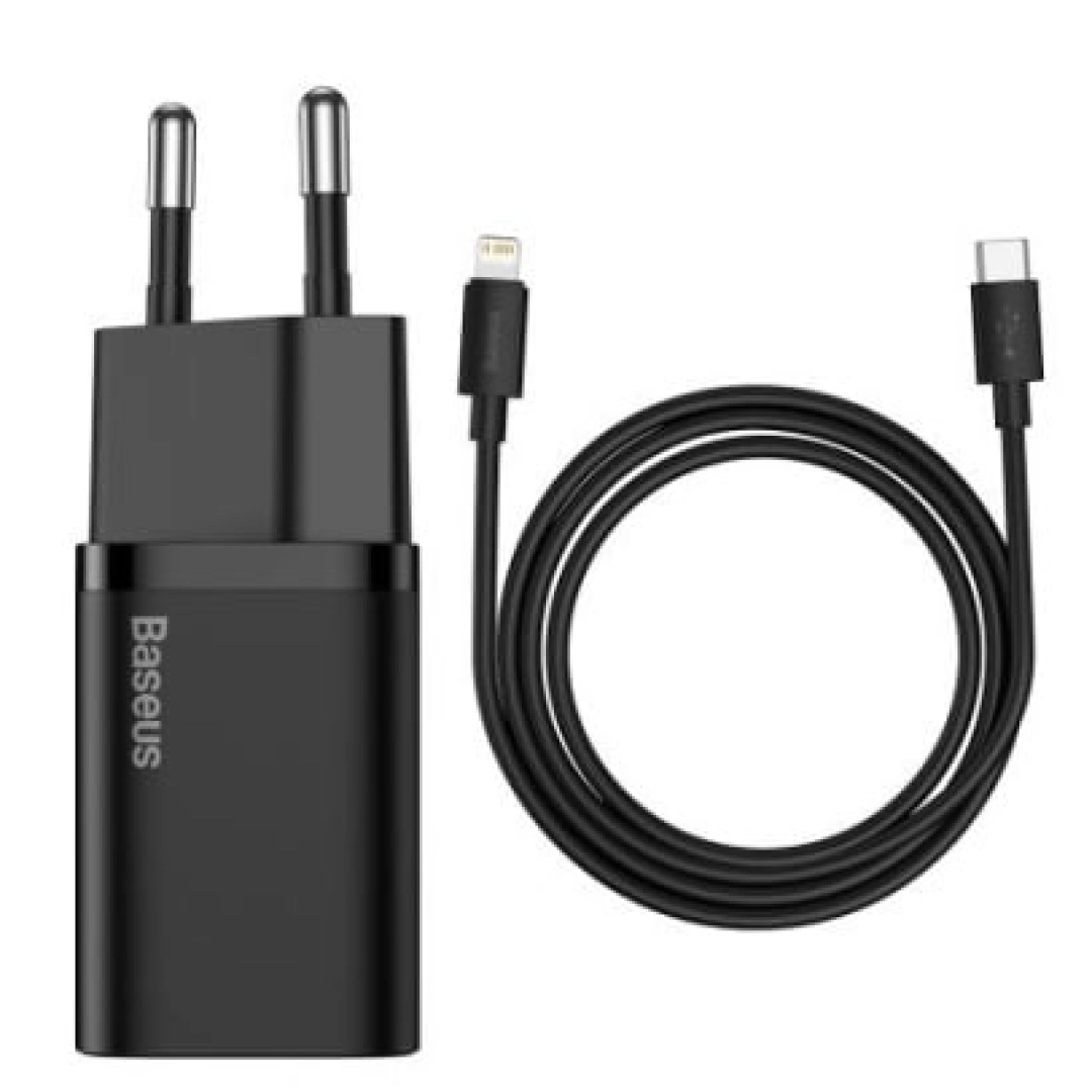 Baseus Super Si Quick Charger 1C 20W EU Sets Black (Baseus Simple Wisdom Data Cable Type-C - Lightning kabelli 1m) (TZCCSUP-B01) qora zaryadlovchi qurilmasi