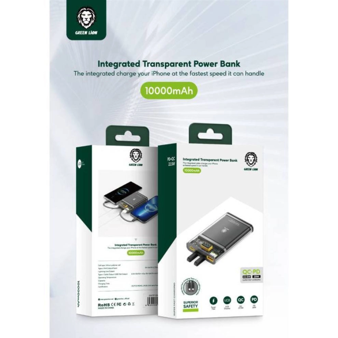 Green Lion Integrated Transparent Power Bank 10000 mAh ( QC 22.5W + PD 20W ) qora tashqi akkumulyatori