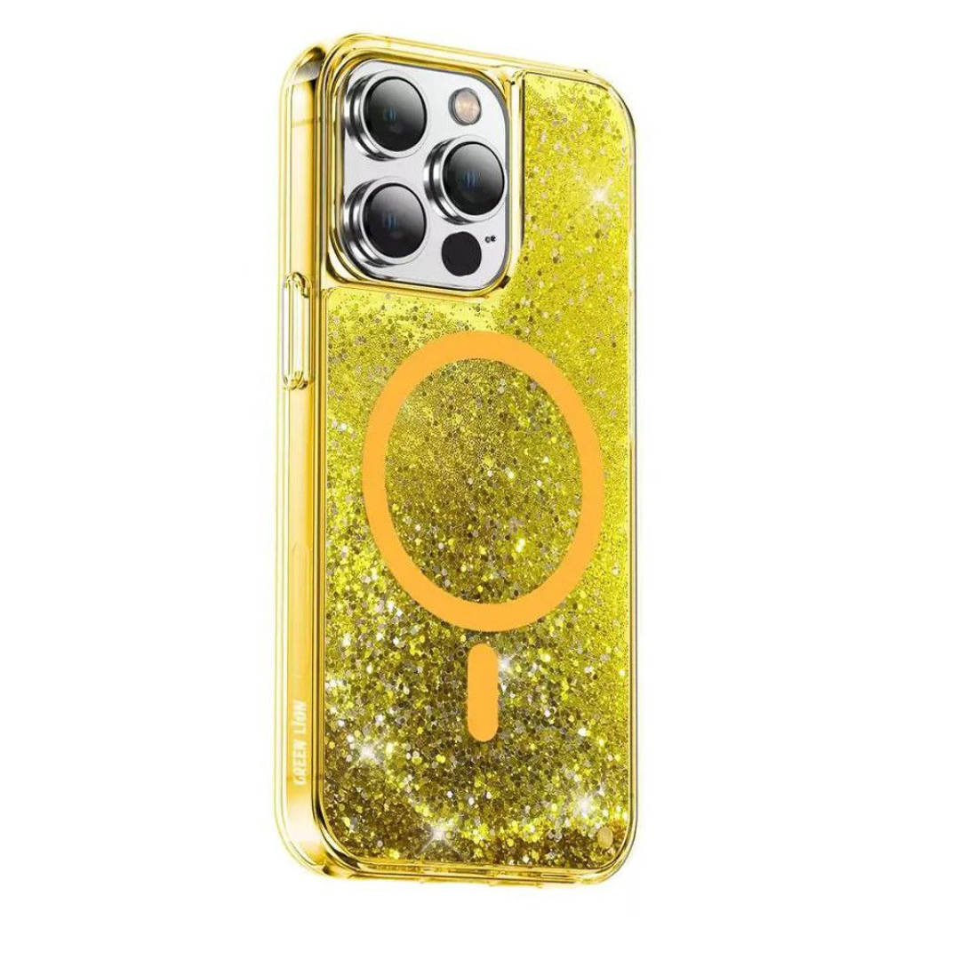 Green Lion Magsafe Happiness 3D Glitter Resin iPhone 14 Pro uchun sariq g‘ilofi