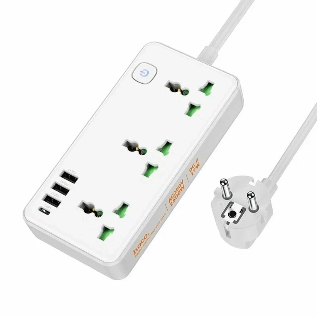 Hoco AC7A DC17W+AC2500W, USB-C+3USB-A+3Socket 1.5m uzaytirgichi