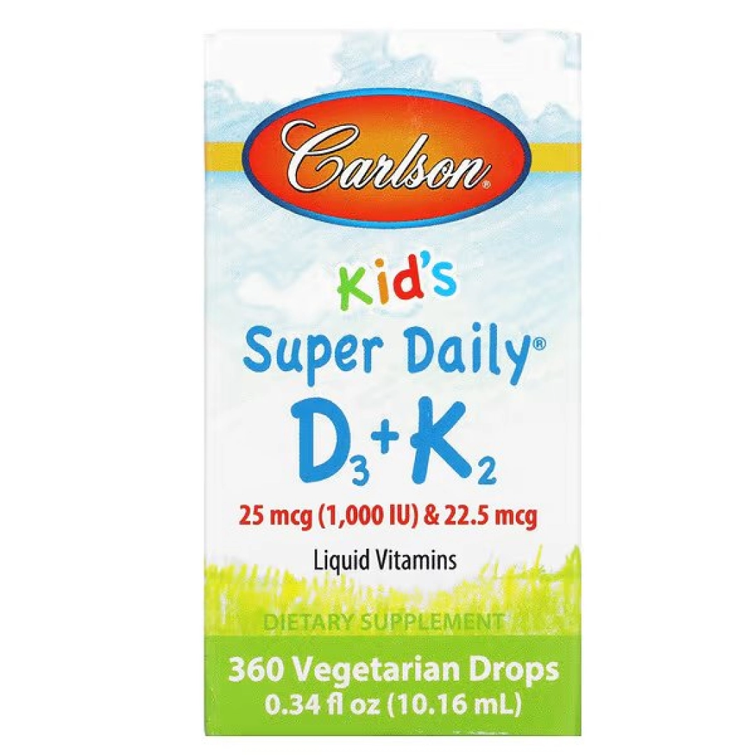 Carlson Labs, Kids, Super Daily D3+K2, 25 mcg (1000 ME) va 22,5 mcg, 10,16 ml (0,34 suyuq unsiya) (10530)