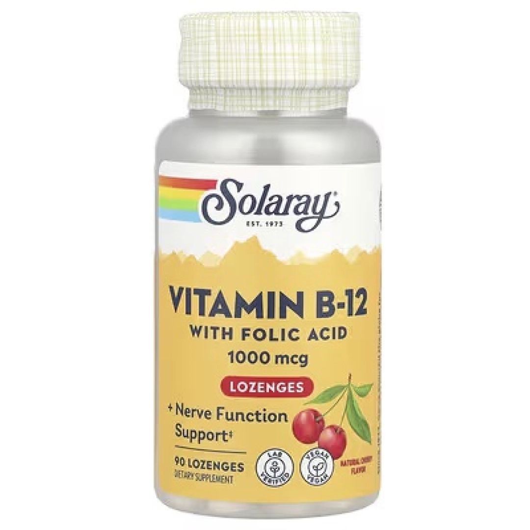 Solaray, Leden'tsilar bilan foliy kislotasi, vitamin B12, tabiiy olcha ta'mi, 1000 mg, 90 pastilka (04345)