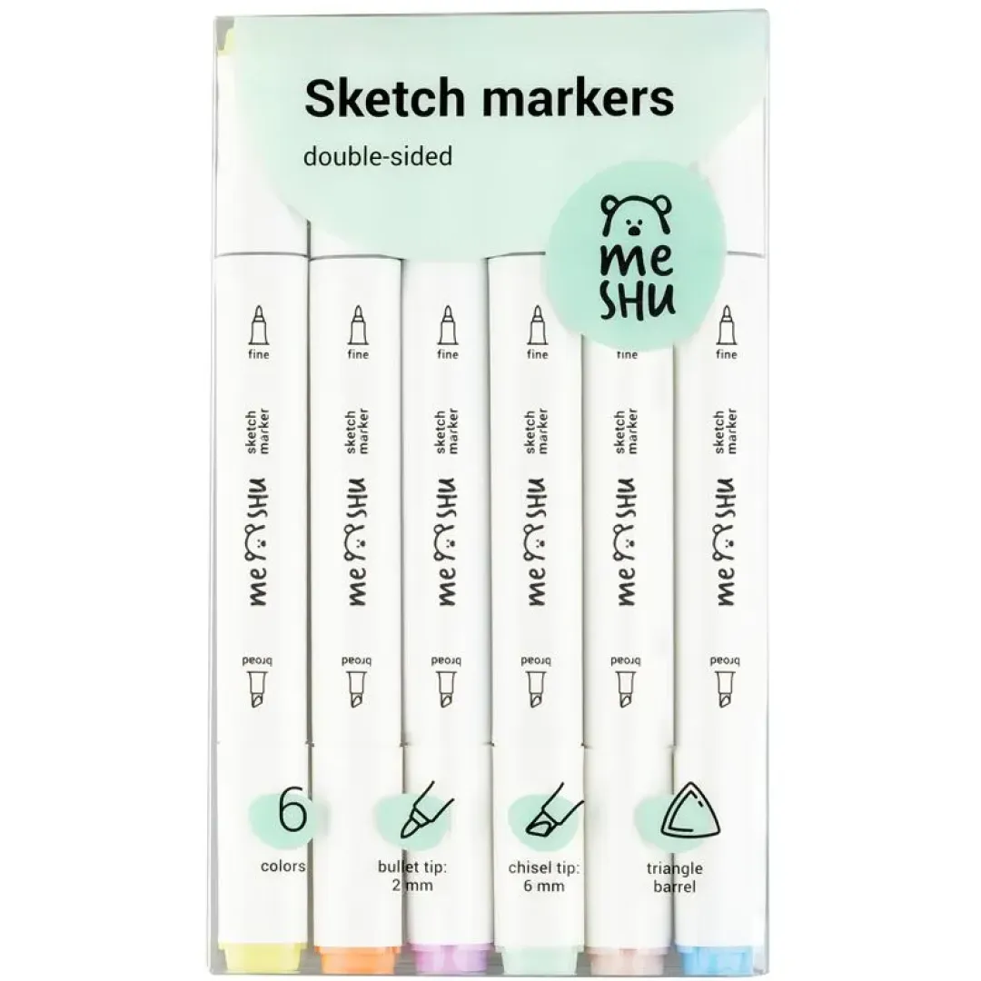 Meshu ikki tomonlama eskiz markerlari to'plami 6 dona. pastel ranglar MS_38250