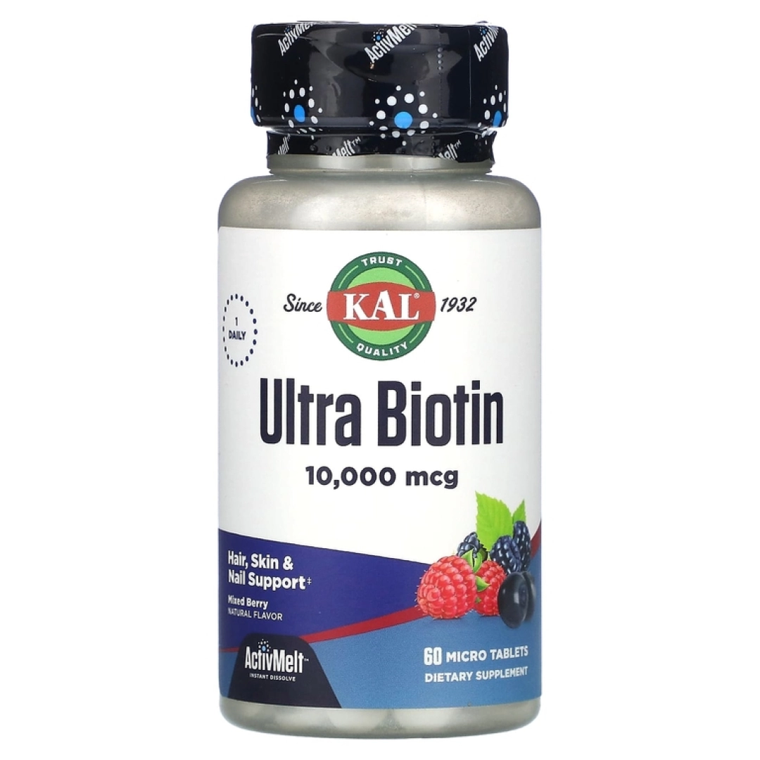 KAL, Ultra Biotin, ActivMelt, biotin, mevali aralash ta’mda, 10 000 mkg, 60 mikrotabletkalar (23425)